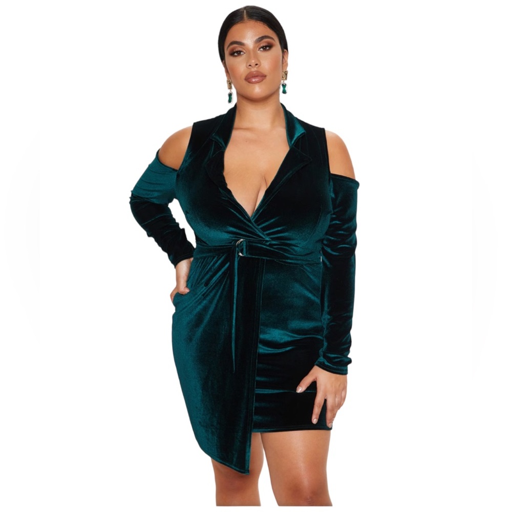 Emerald Green Velvet Cold Shoulder Blazer Dress Plus Size US 14